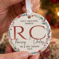 Mr and Mrs ceramic bauble: berry wreath, red initials RC, Ramsey & Chelsy, First Christmas Married, Mr & Mrs Graham 2026
