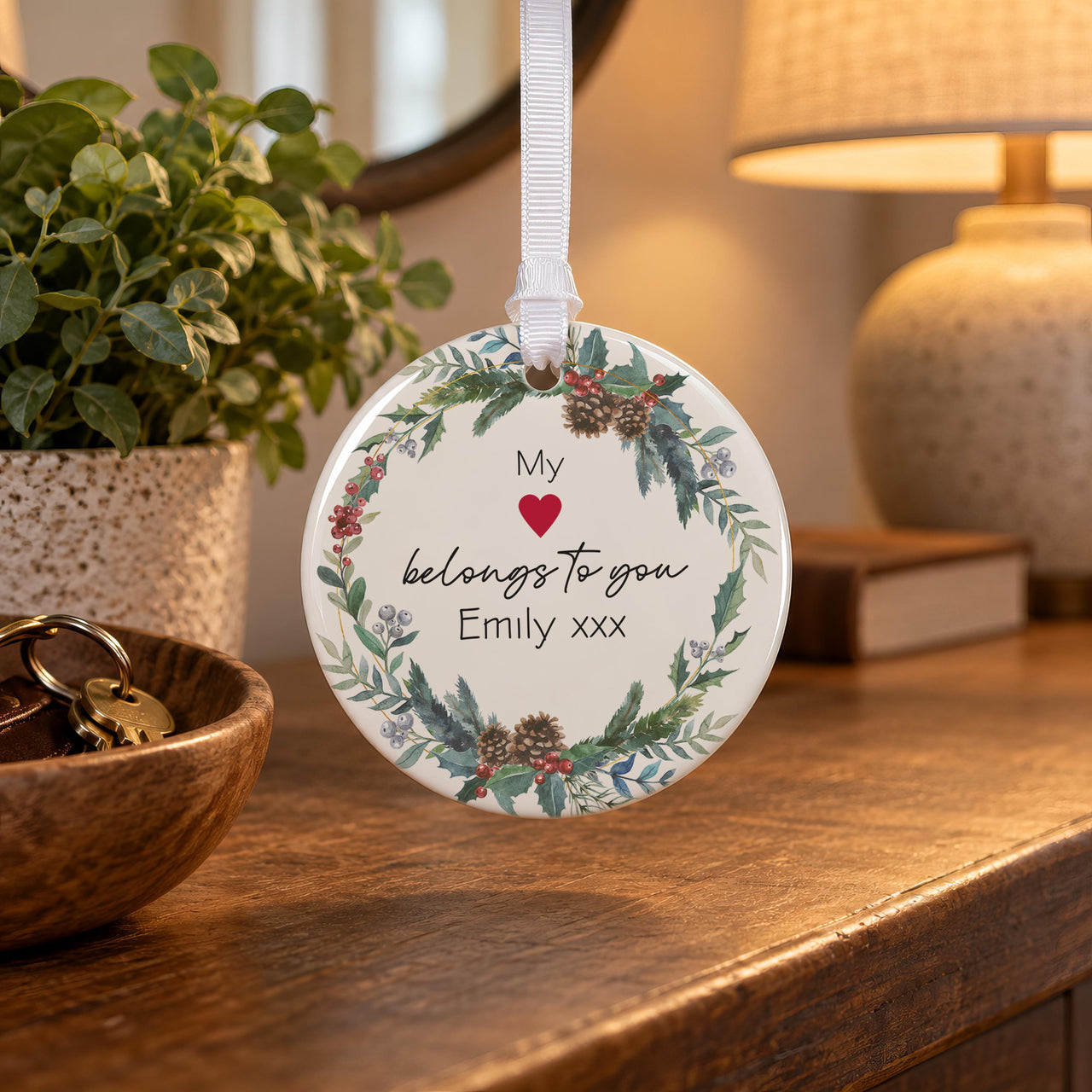 Personalised Heart Wreath Ceramic Bauble - lifestyle