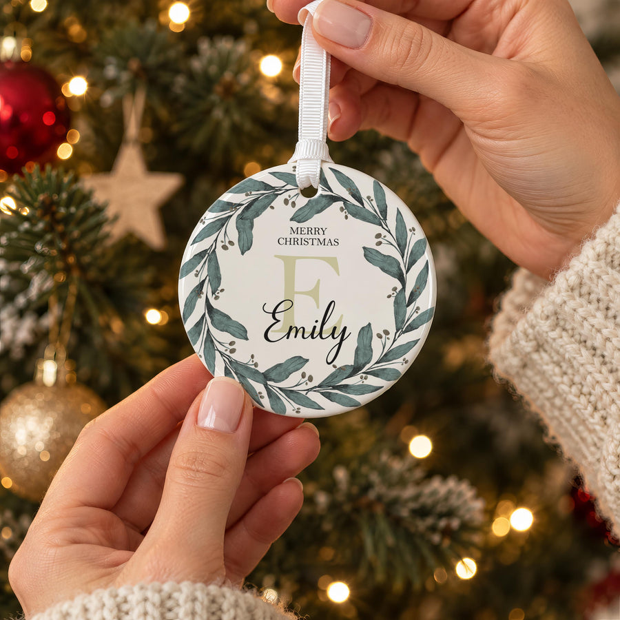 Personalised Wreath Initial Ceramic Bauble - photo of the finished product