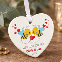 Bumble bee ceramic heart ornament: two cartoon bees with red hearts, We Beelong Together, Chris & Jae, 2026