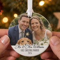 Mr and Mrs photo bauble: wedding couple with a golden retriever, Mr & Mrs Williams, First Christmas Married 2026