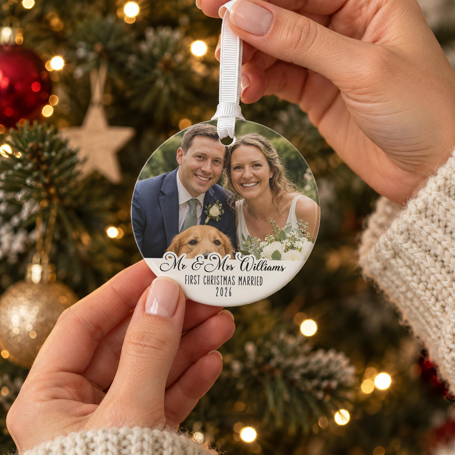 Personalised Mr and Mrs Photo Bauble - photo of the finished product