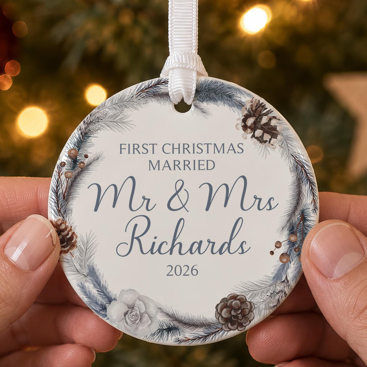 Mr and Mrs ceramic bauble: round, frosted pine and pine cone wreath, First Christmas Married, Mr & Mrs Richards 2026