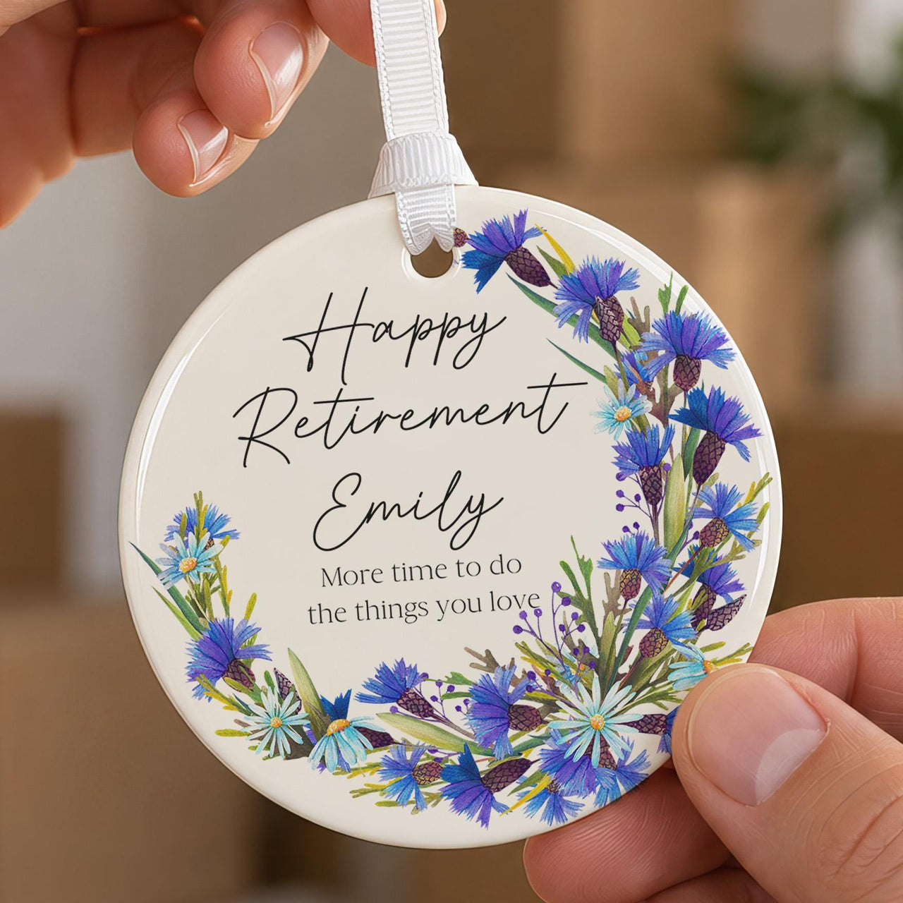 Retirement ceramic ornament: blue cornflower wreath with Happy Retirement Emily and More time to do the things you love