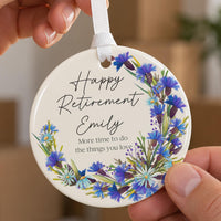 Retirement ceramic ornament: blue cornflower wreath with Happy Retirement Emily and More time to do the things you love