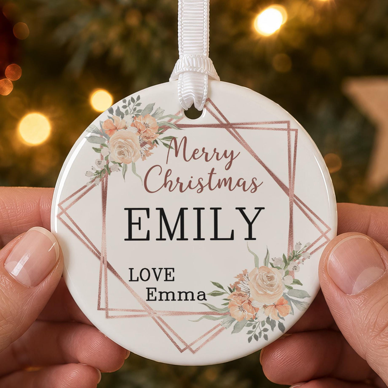 Merry Christmas ceramic bauble: round, rose gold geometric frame with peach flowers, Emily, Love Emma