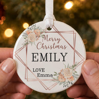 Merry Christmas ceramic bauble: round, rose gold geometric frame with peach flowers, Emily, Love Emma
