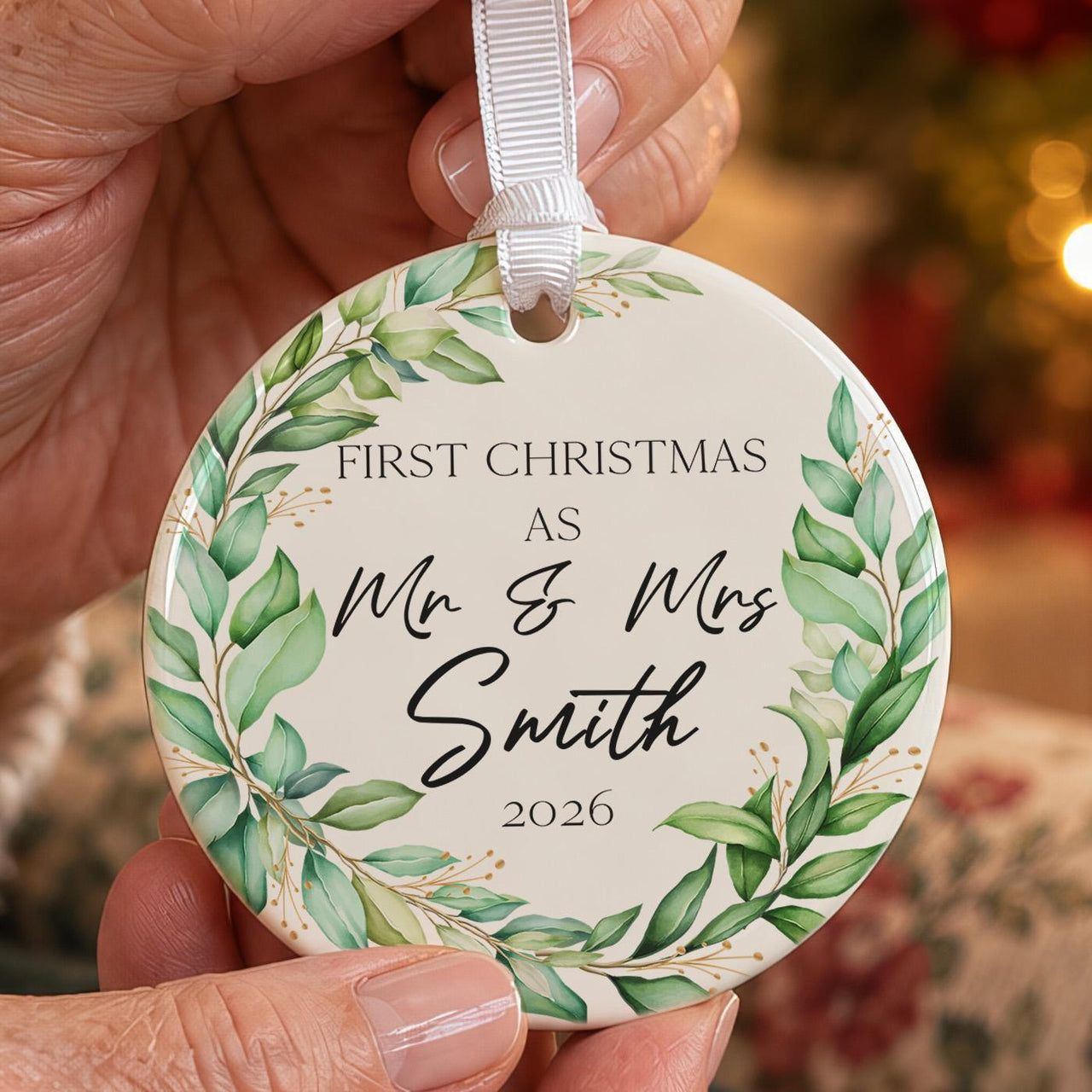 Mr and Mrs ceramic bauble: round, green watercolour leaf wreath, First Christmas as Mr & Mrs Smith 2026