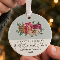 Wrapped parcels ceramic bauble: round, sage top with watercolour gifts and pine, Merry Christmas Natalie and Chris