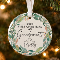 Grandparents ceramic bauble with a watercolour leaf and orange berry wreath: 2026 First Christmas as Grandparents to Molly
