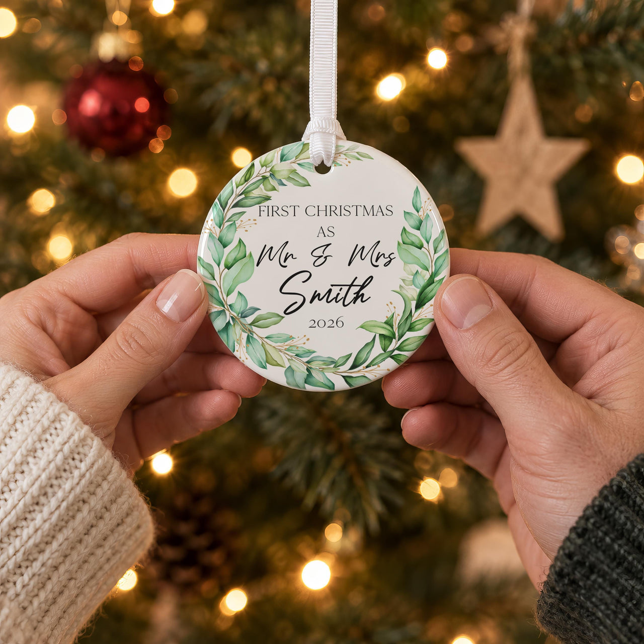 Personalised Mr and Mrs Ceramic Bauble, First Christmas Surname and Year Added - lifestyle