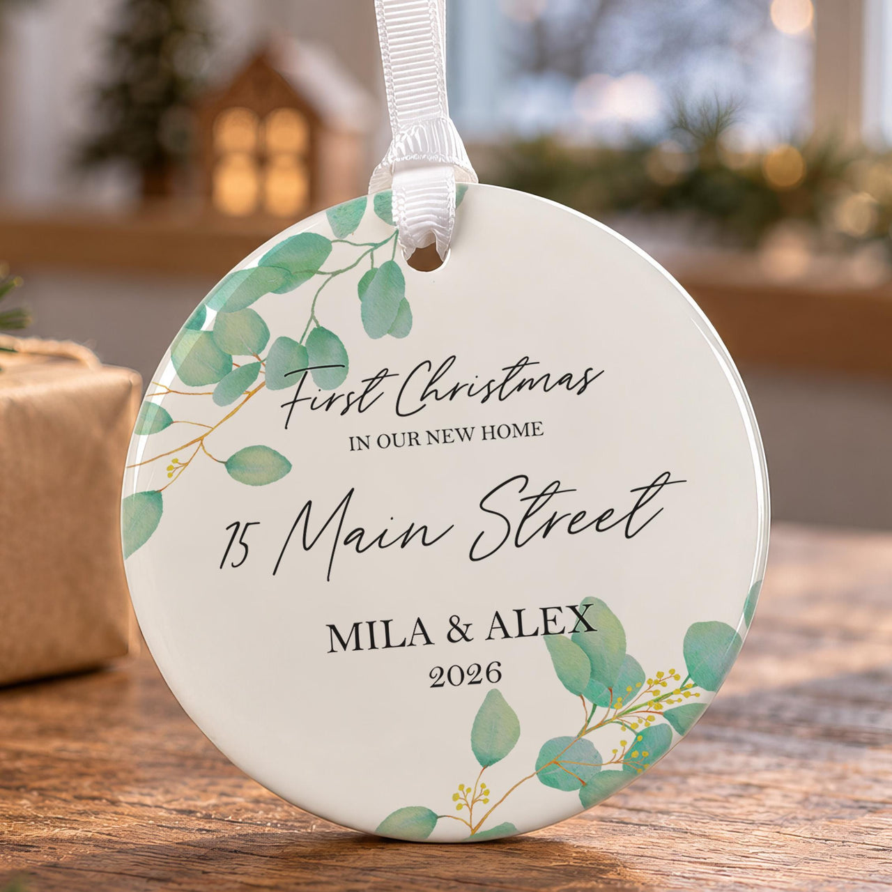 New home ceramic bauble: eucalyptus leaves, First Christmas in Our New Home, 15 Main Street, Mila & Alex 2026