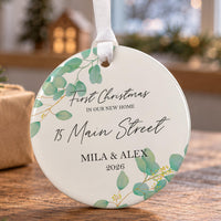 New home ceramic bauble: eucalyptus leaves, First Christmas in Our New Home, 15 Main Street, Mila & Alex 2026