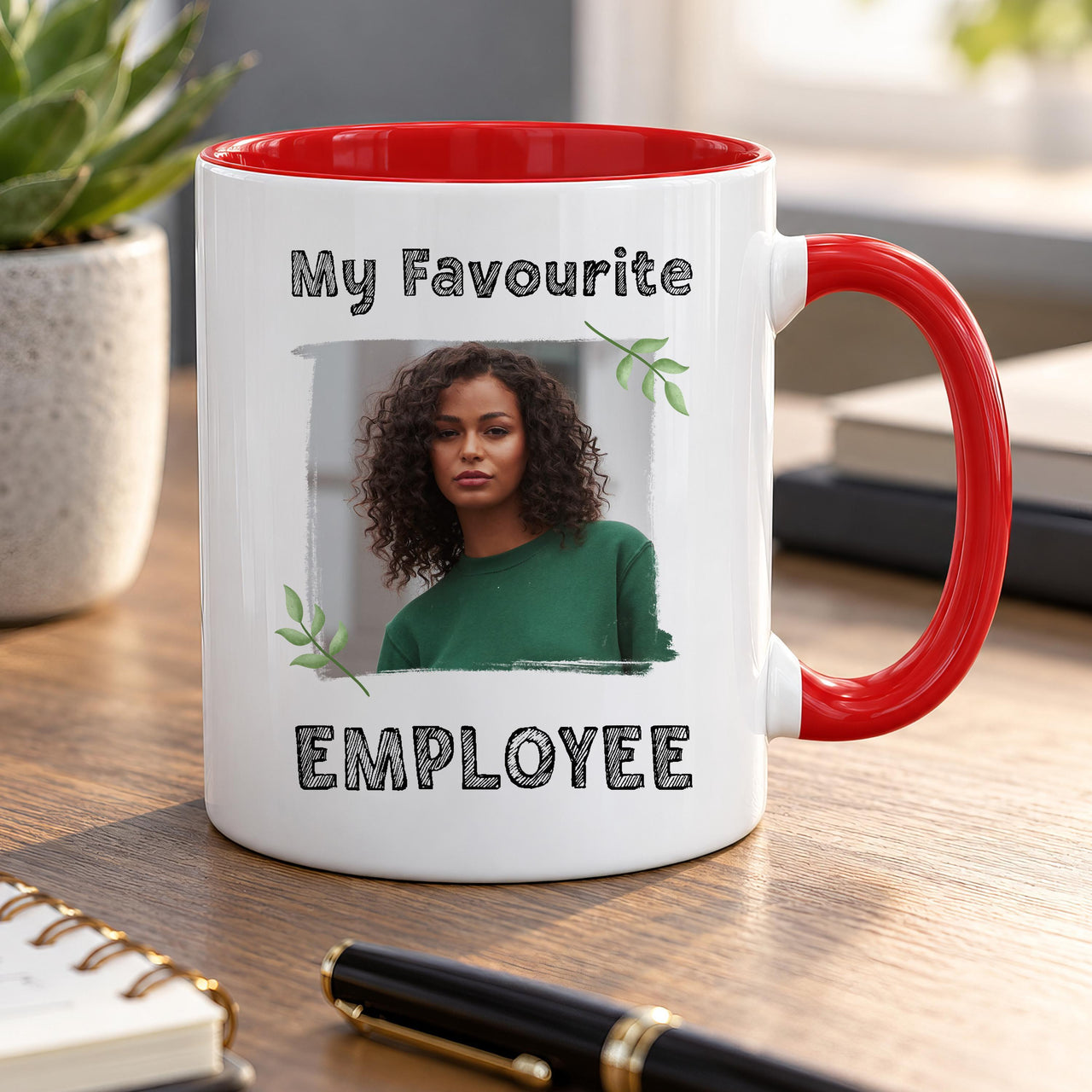 Personalised staff appreciation mug: white mug with red handle, My Favourite EMPLOYEE and a sample photo of a woman