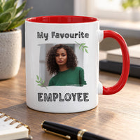Personalised staff appreciation mug: white mug with red handle, My Favourite EMPLOYEE and a sample photo of a woman