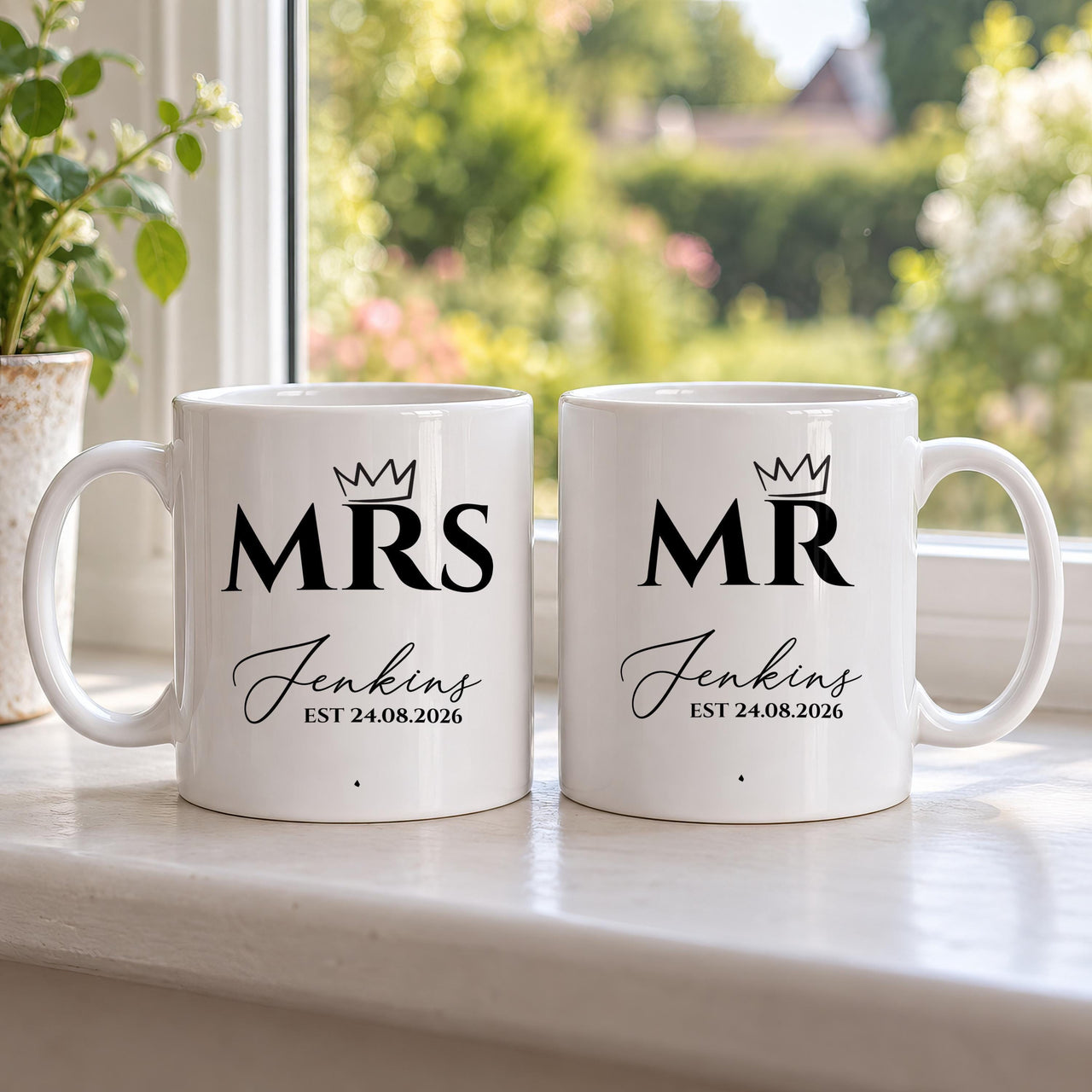 Mr and Mrs crown mugs: two white mugs with bold MRS and MR under small crowns, Jenkins in script and EST 24.08.2026