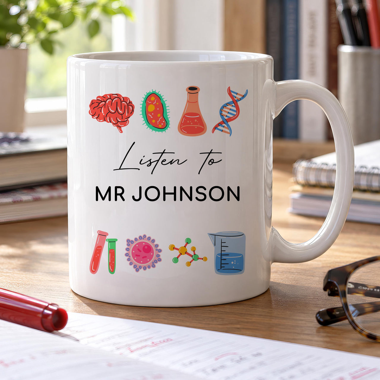 Personalised science teacher mug: white mug with brain, DNA and lab icons around Listen to MR JOHNSON