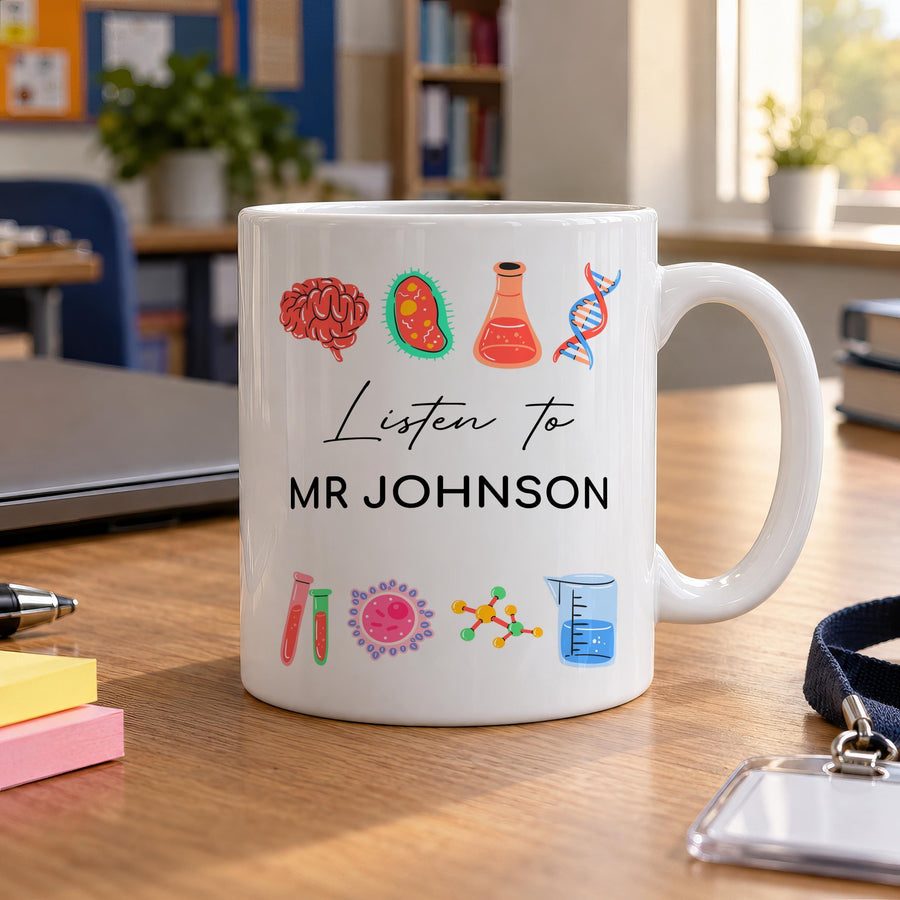 Personalised Science Teacher Mug, Brain and DNA Icons - photo of the finished product