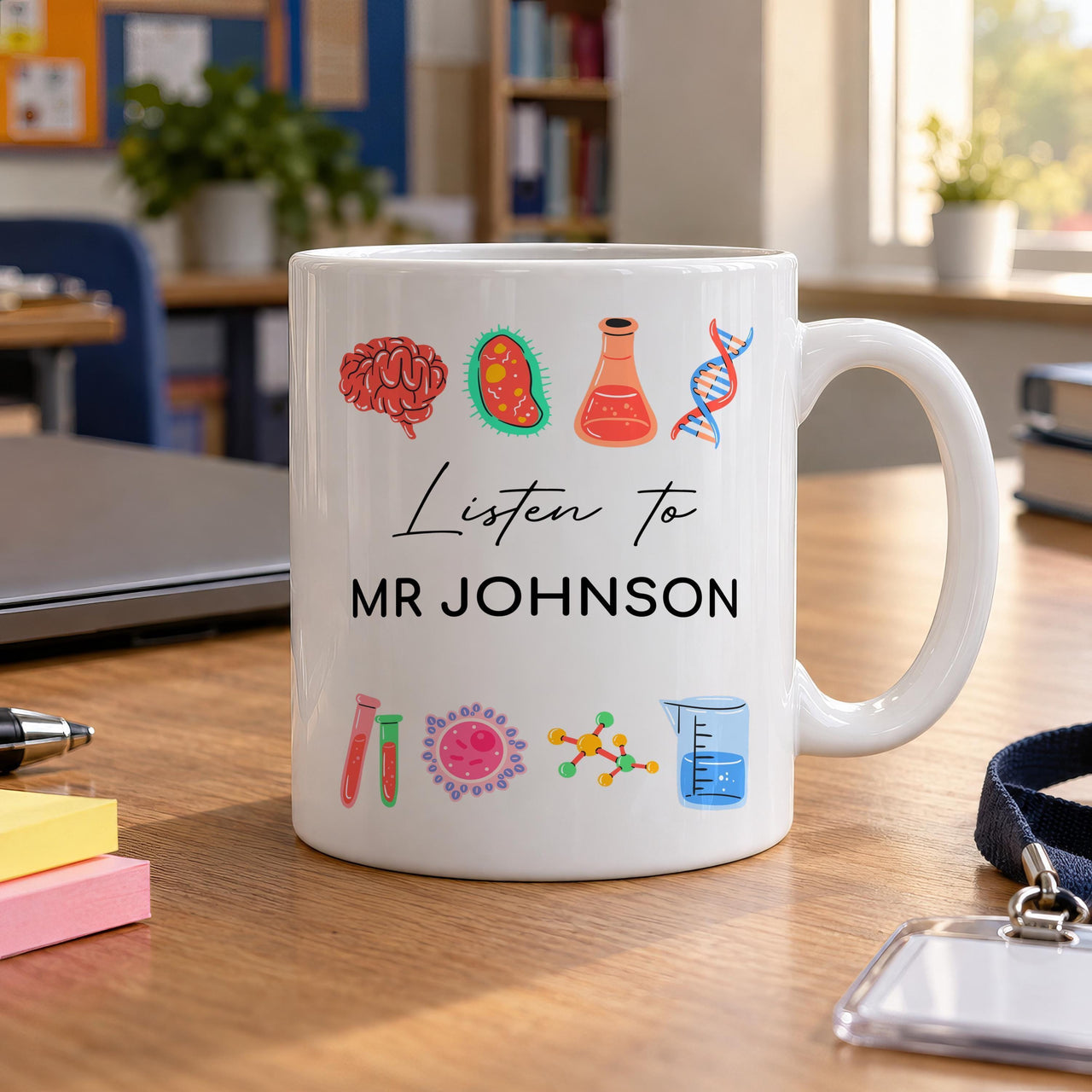 Personalised Science Teacher Ceramic Mug, Brain and DNA Icons - lifestyle