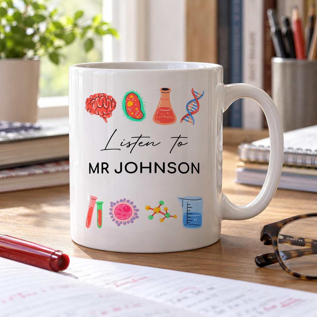 Personalised Science Teacher Ceramic Mug, Brain and DNA Icons - detail 6