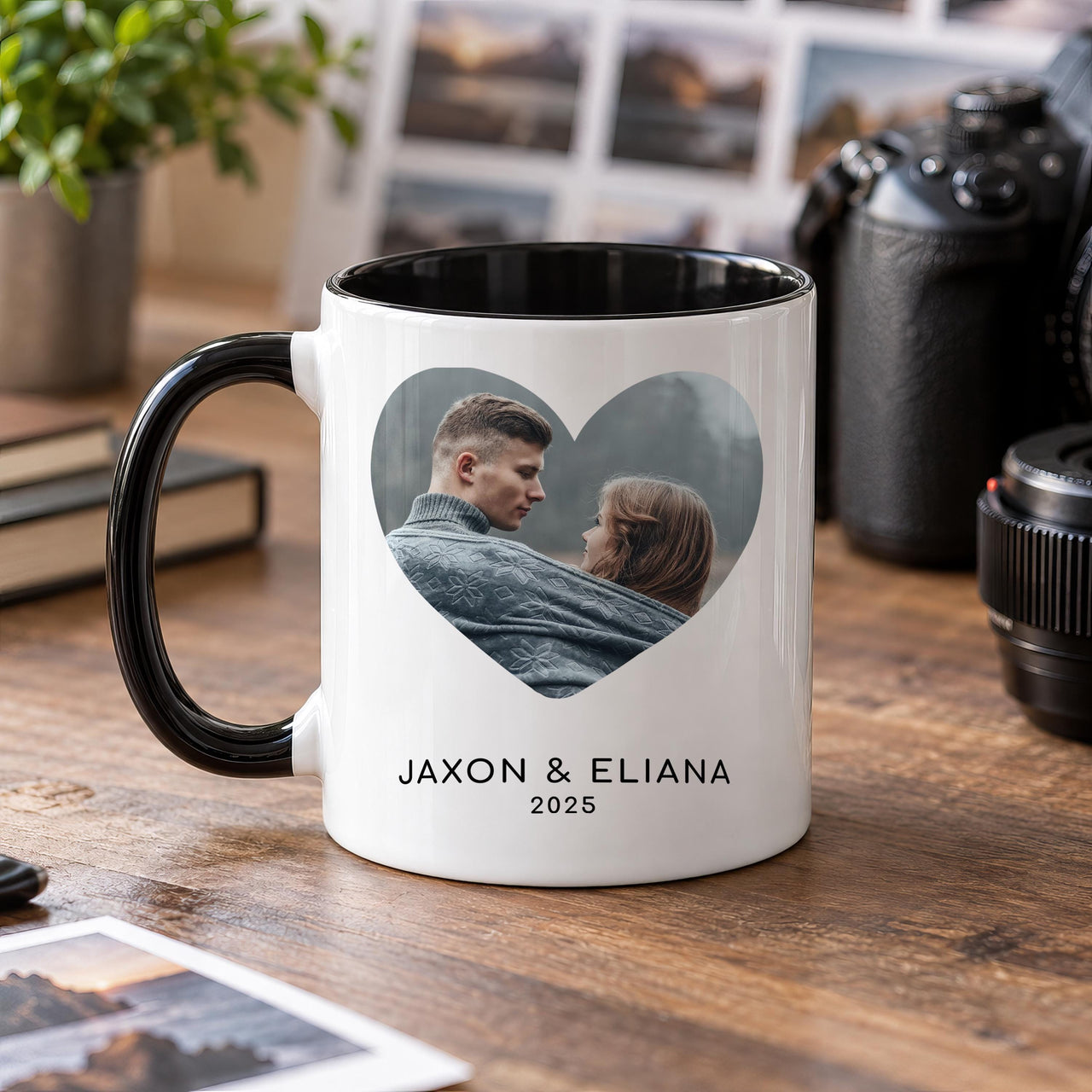 Heart photo mug with a black inside and handle
