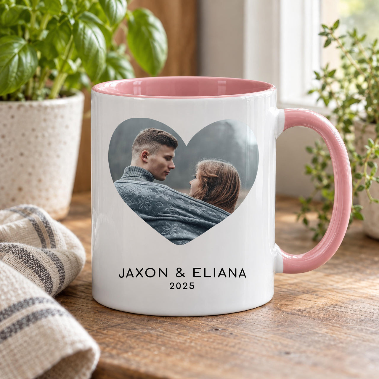 Heart photo mug with a pink inside and handle