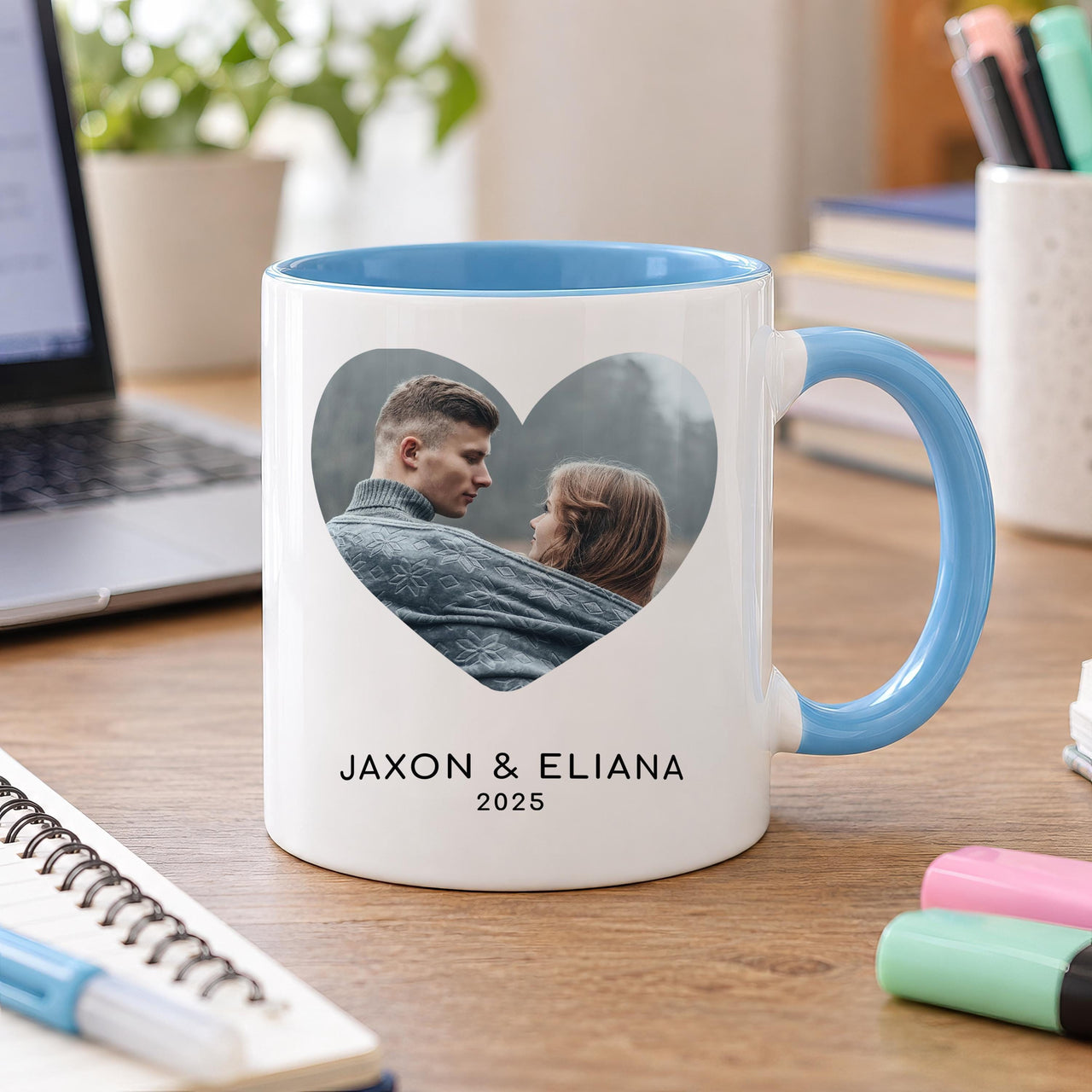 Heart photo mug with a light blue inside and handle