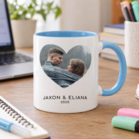 Heart photo mug with a light blue inside and handle