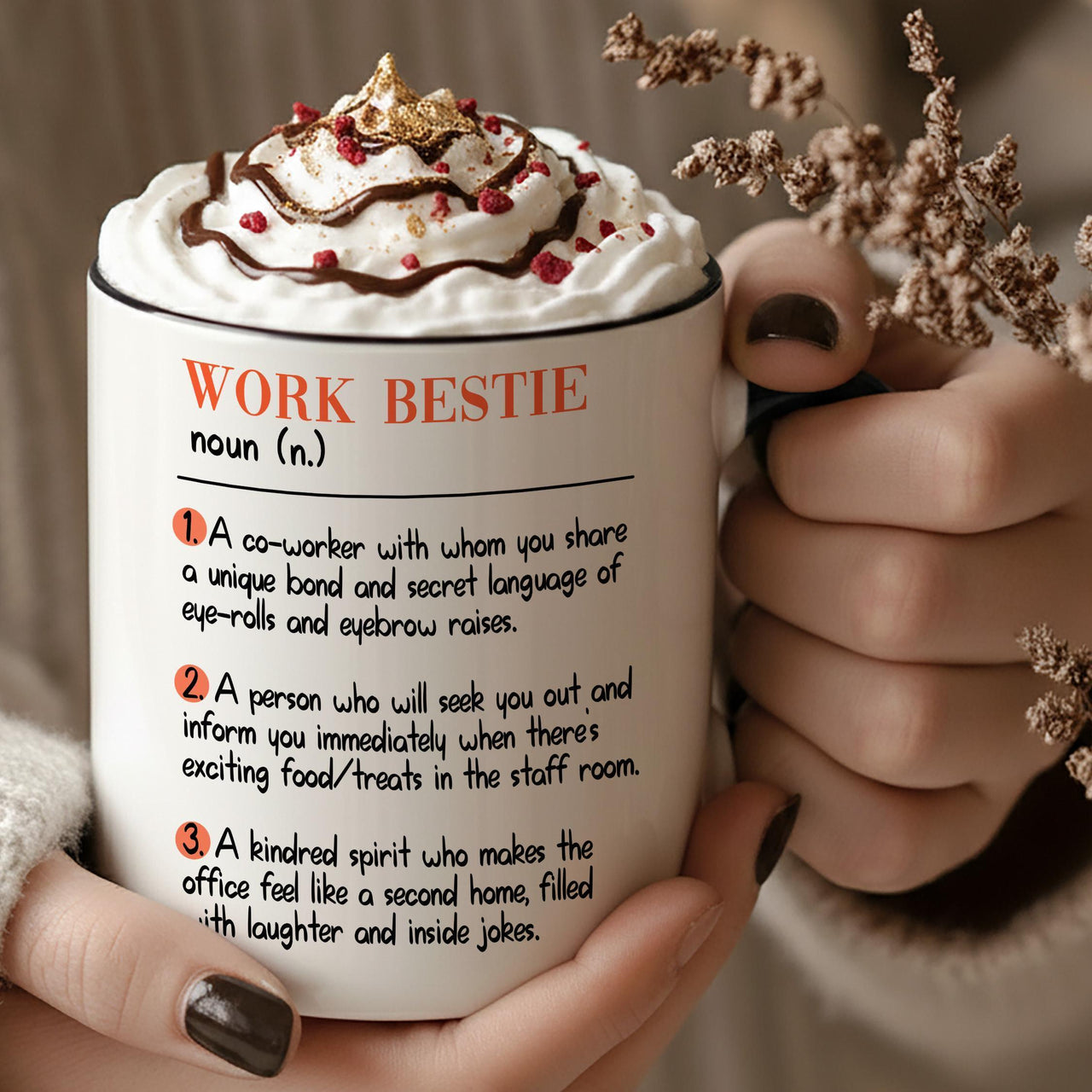 Personalised work bestie mug: white mug with a WORK BESTIE noun (n.) dictionary definition in three numbered points