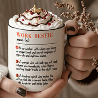 Personalised work bestie mug: white mug with a WORK BESTIE noun (n.) dictionary definition in three numbered points