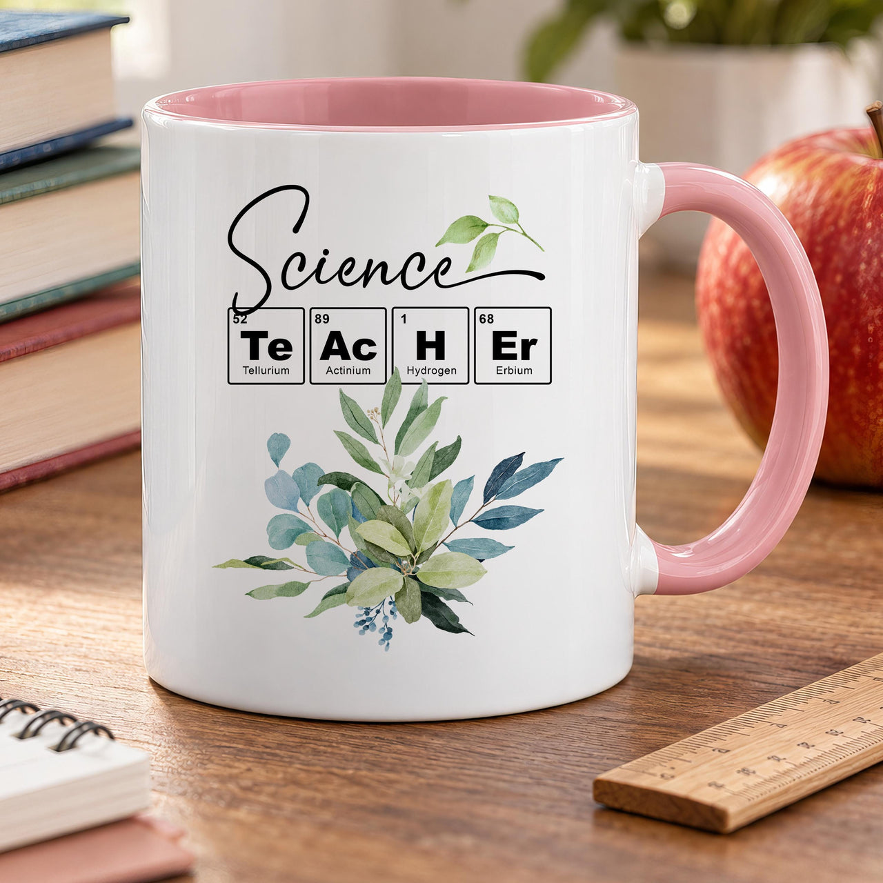Funny chemistry teacher mug: pink-handled mug with Science in script, TeAcHEr in periodic table tiles and green leaves