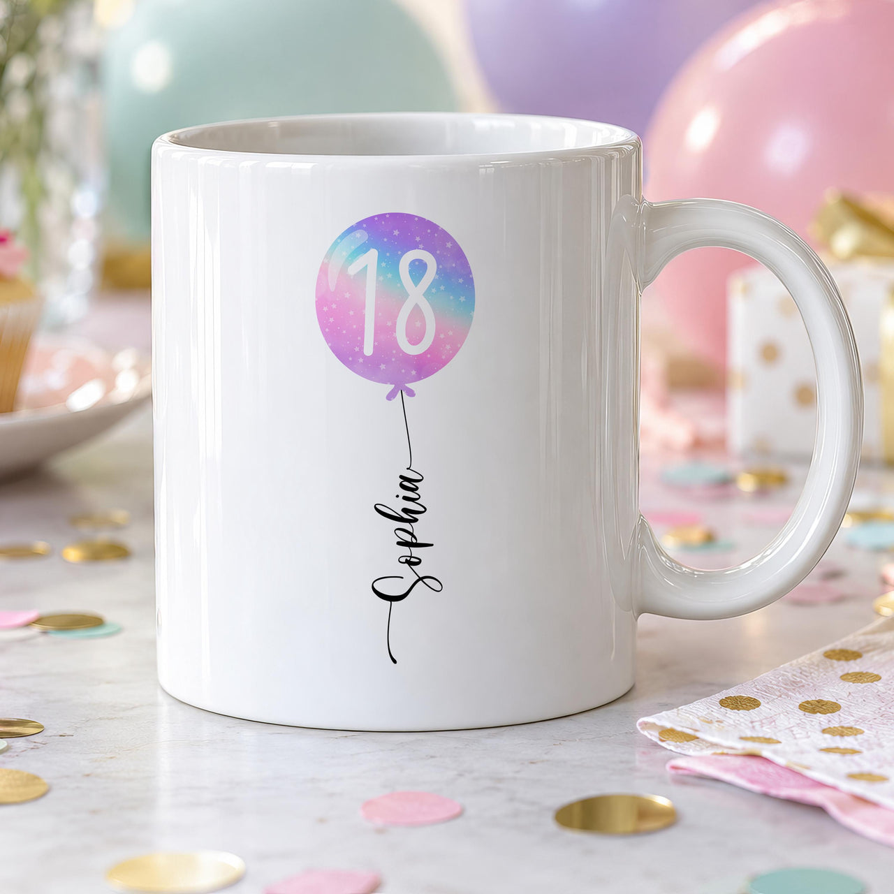 Personalised 18th birthday mug: white mug with a pink and purple balloon marked 18 and the name Sophia as its string
