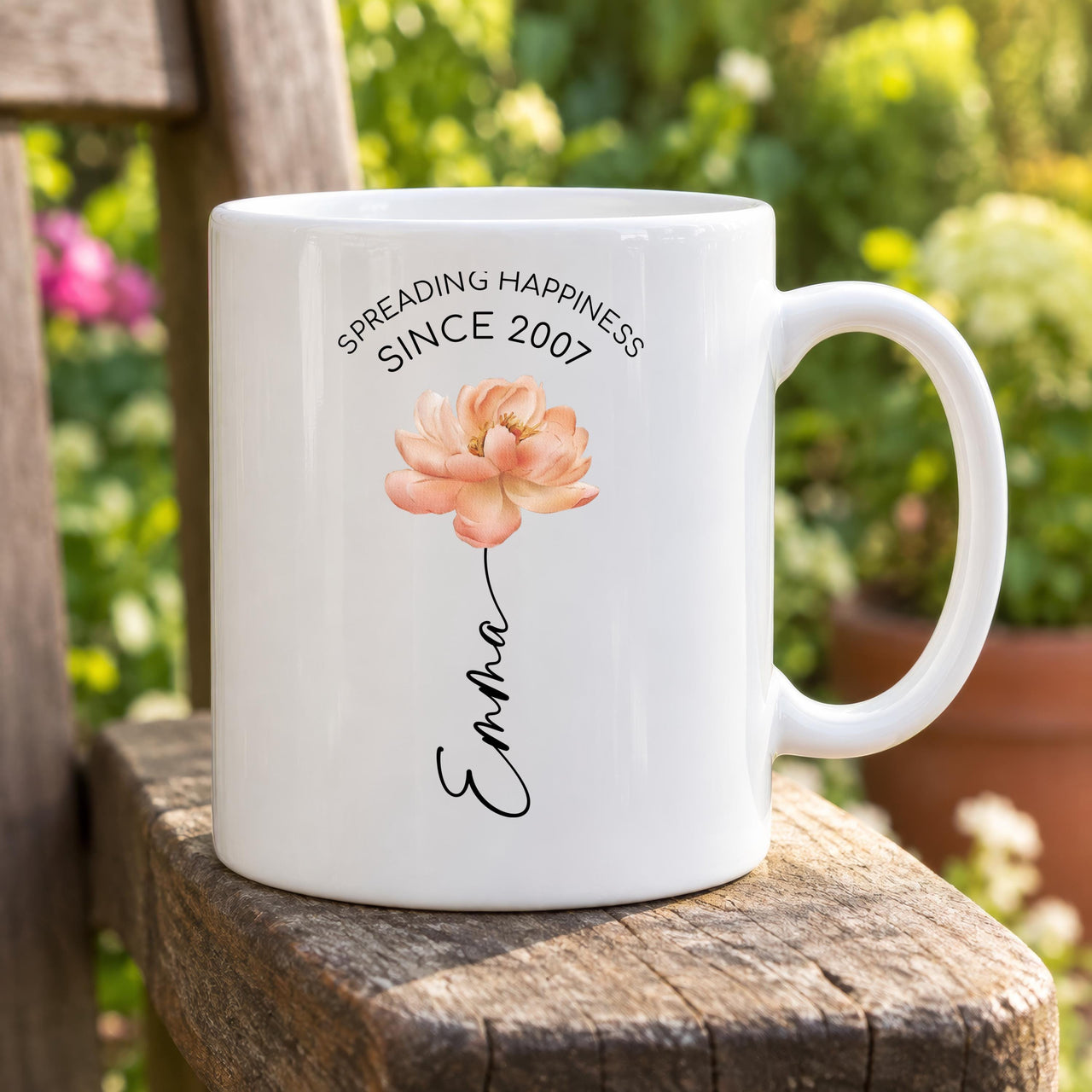 Personalised Peach Flower Ceramic Mug - lifestyle