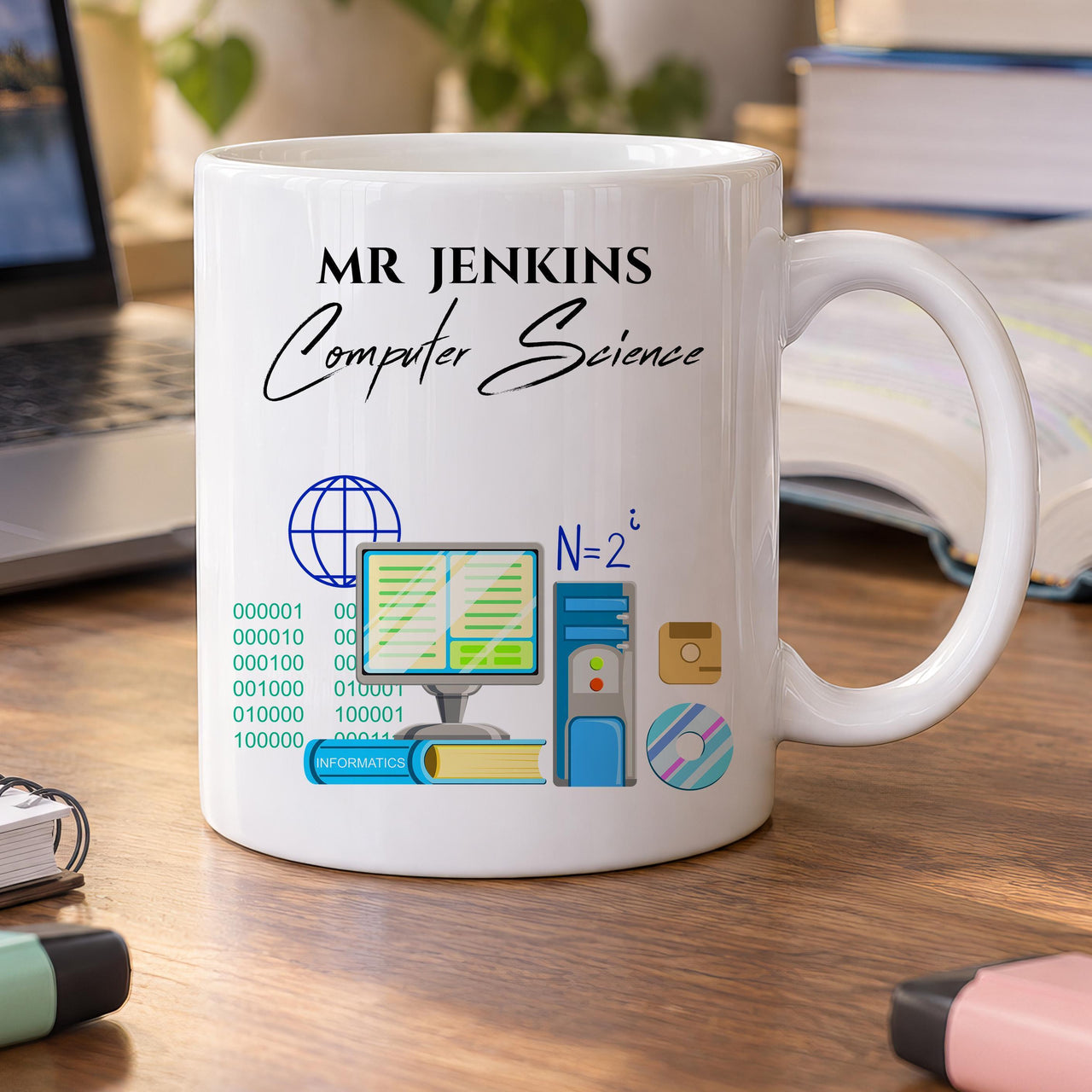 Personalised computer science teacher mug: white mug with MR JENKINS Computer Science, a desktop computer and binary code
