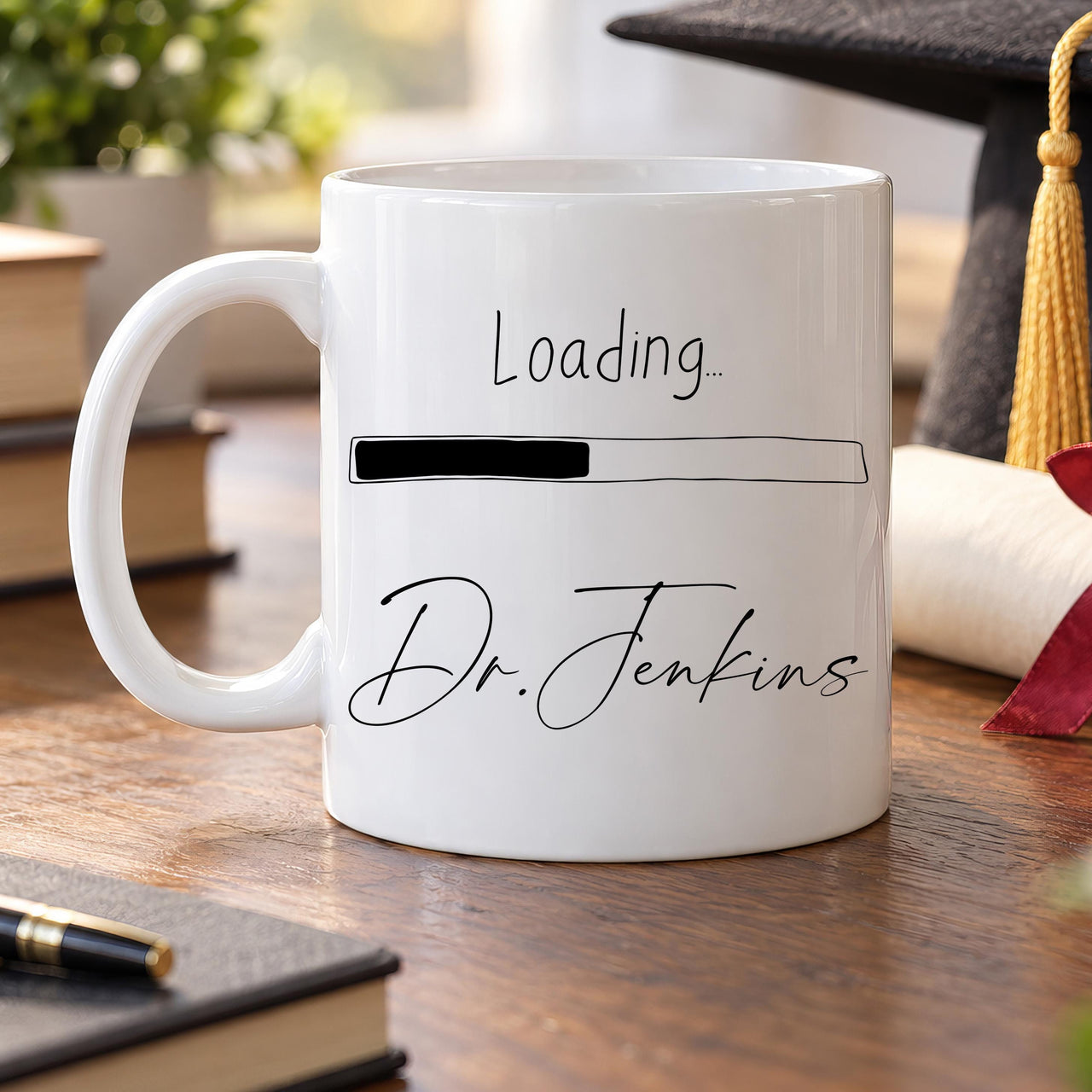 Personalised doctor mug: white mug with Loading... above a half-filled progress bar and the name Dr. Jenkins in black script