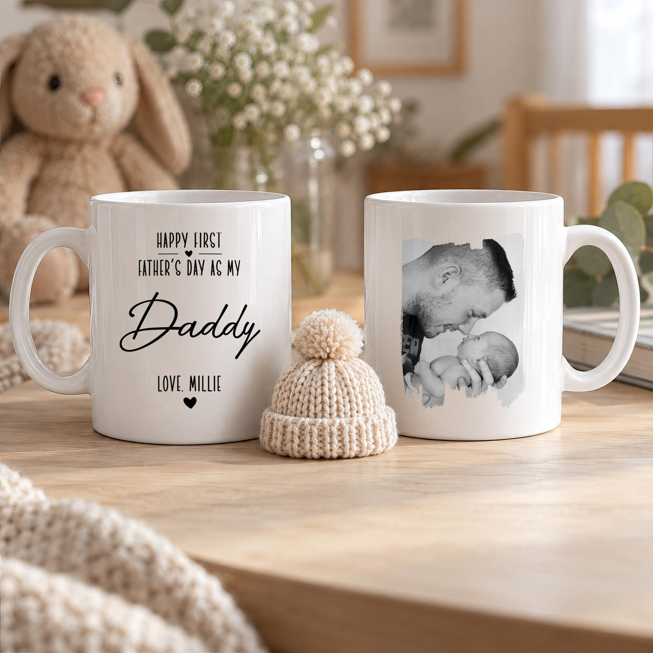 First Father's Day mugs: one reads HAPPY FIRST FATHER'S DAY AS MY Daddy, LOVE, MILLIE; one has a dad and baby photo