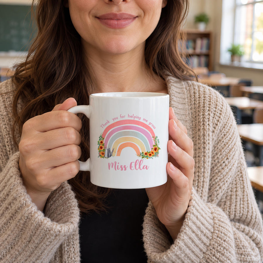 Personalised Rainbow Teacher Ceramic Mug - photo of the finished product