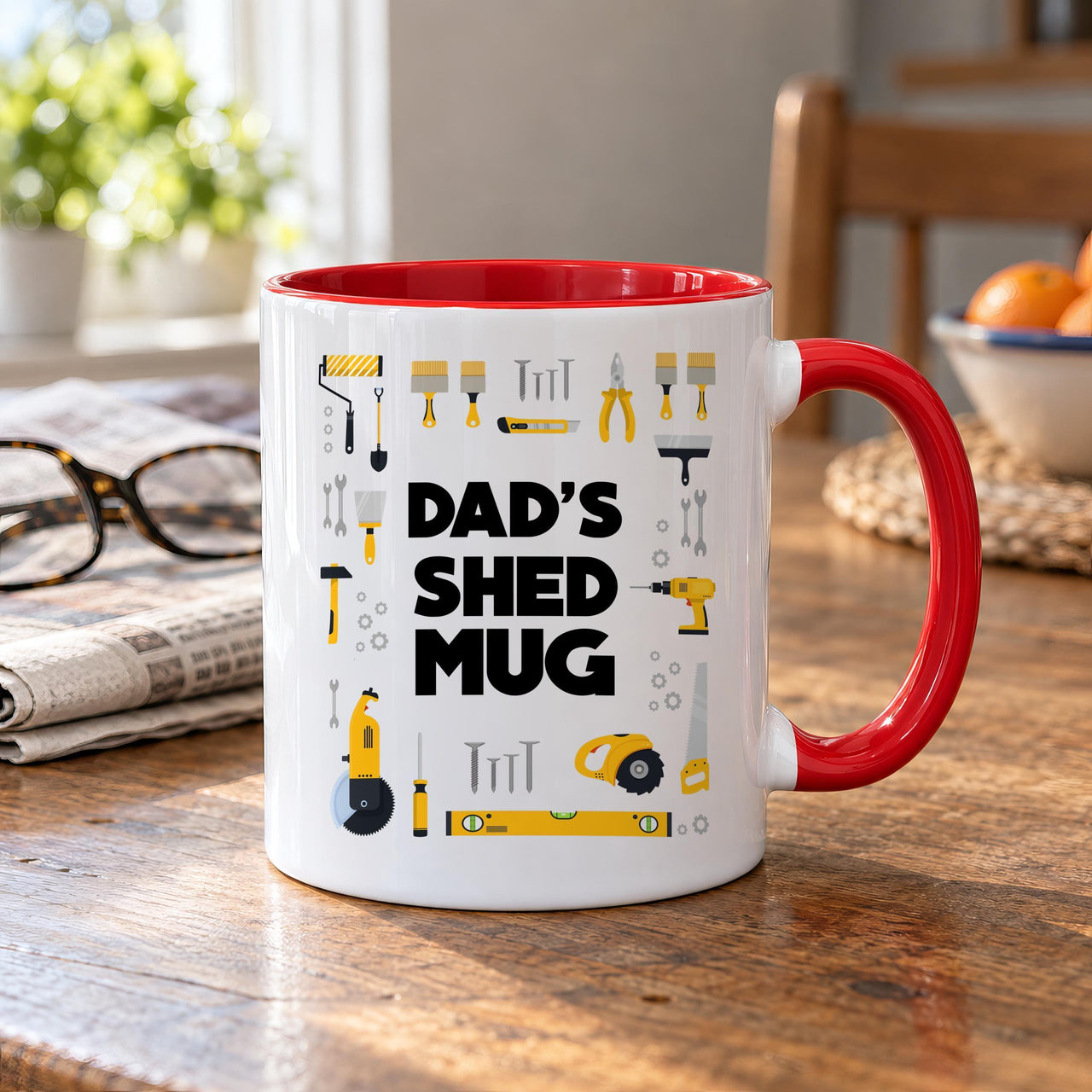 Dad's Shed mug with a red inside and handle