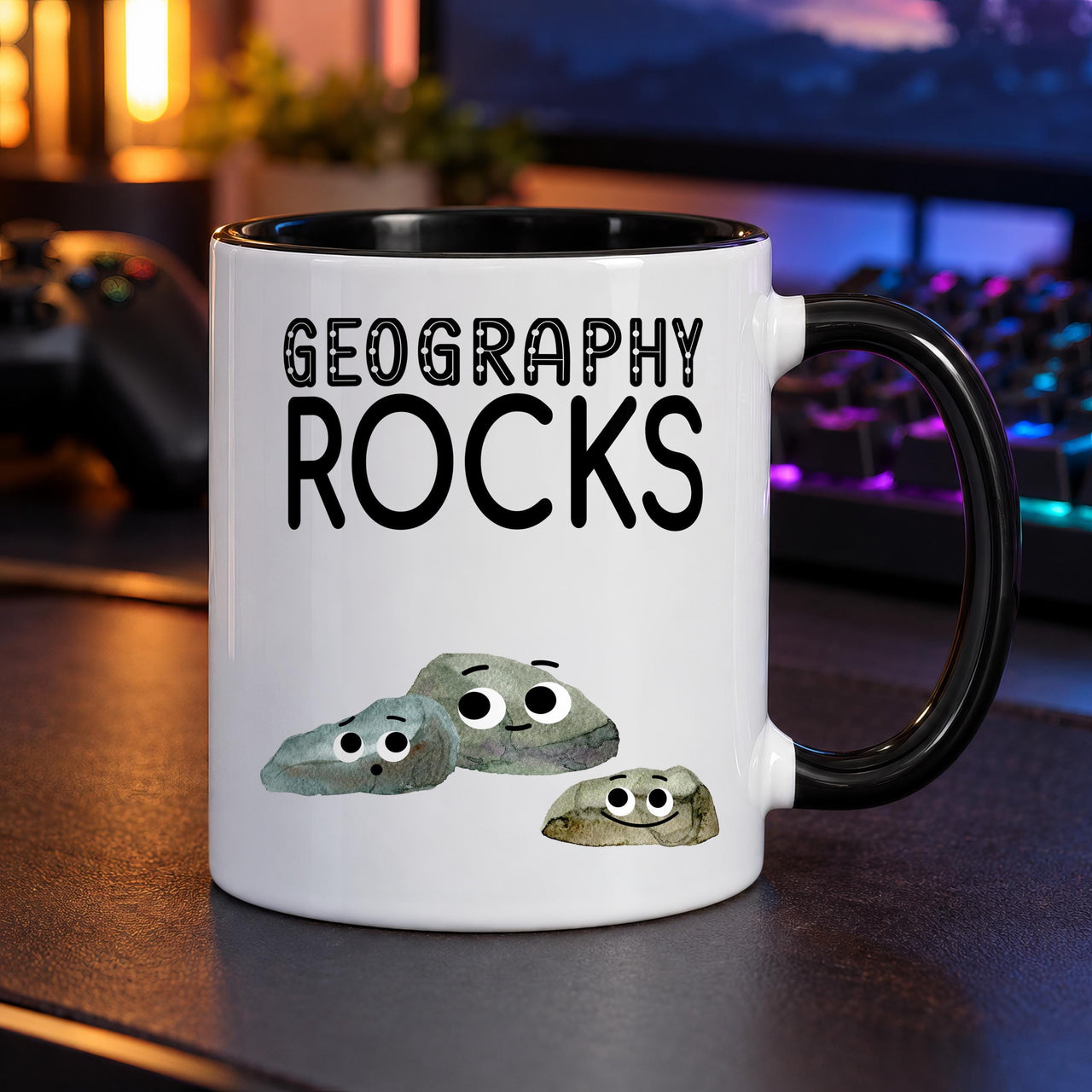 Geography Rocks mug with a black inside and handle