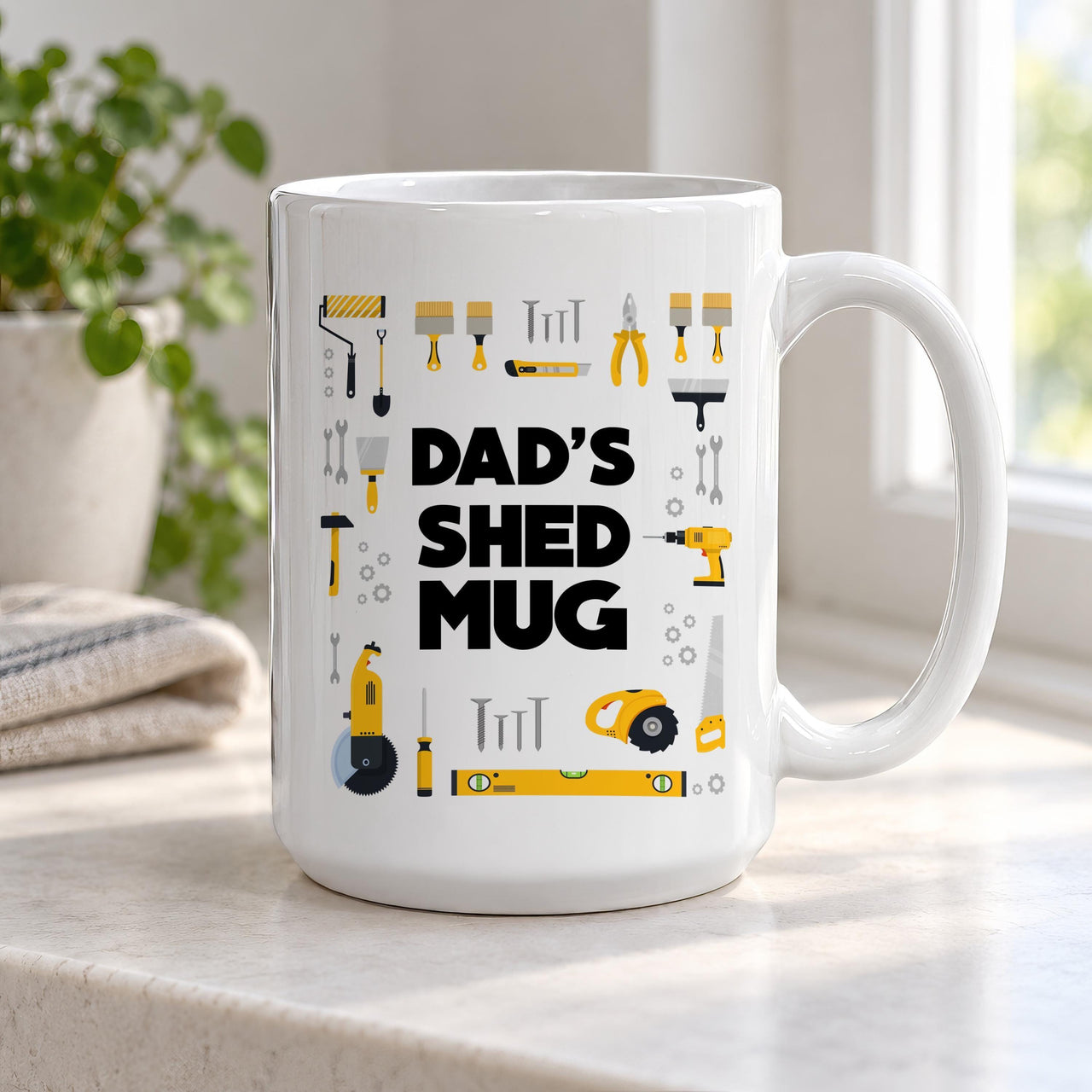 White 15oz Dad's Shed Mug on a kitchen worktop