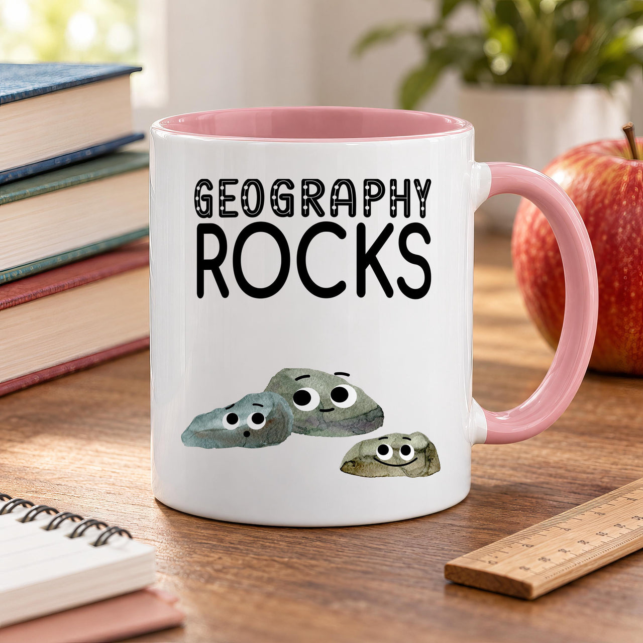 Geography Rocks mug with a pink inside and handle