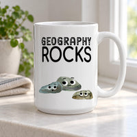 White 15oz Geography Rocks mug on a kitchen worktop