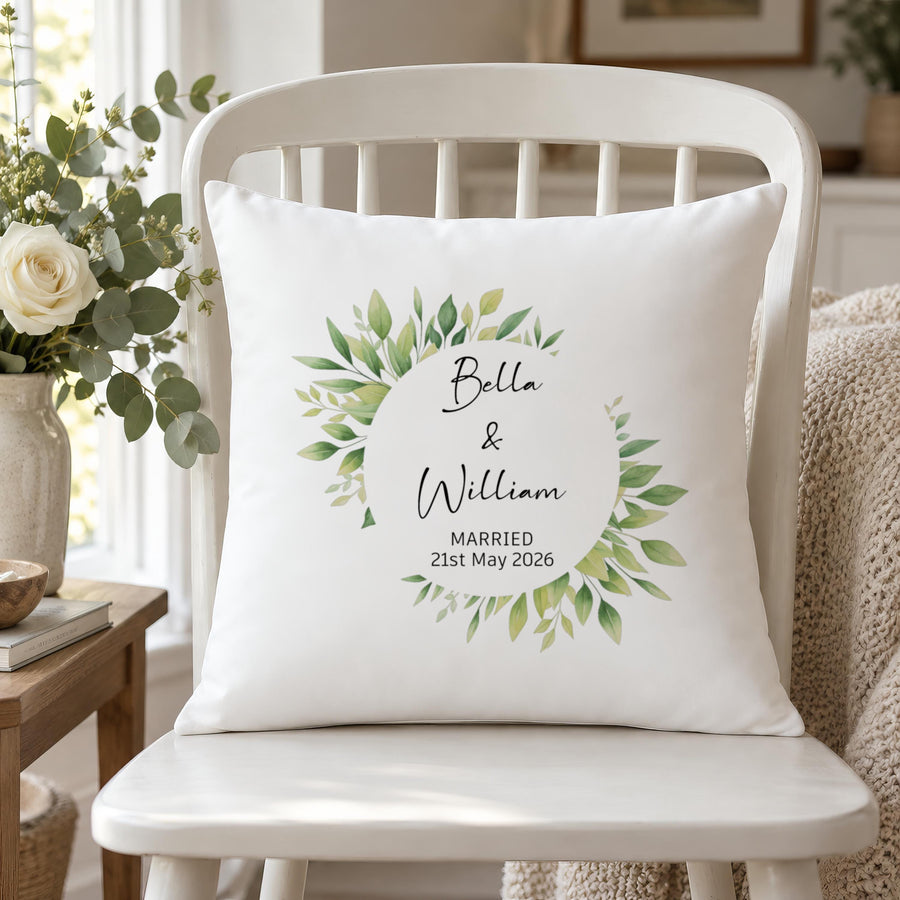 Personalised Wedding Floral Wreath Cushion - photo of the finished product