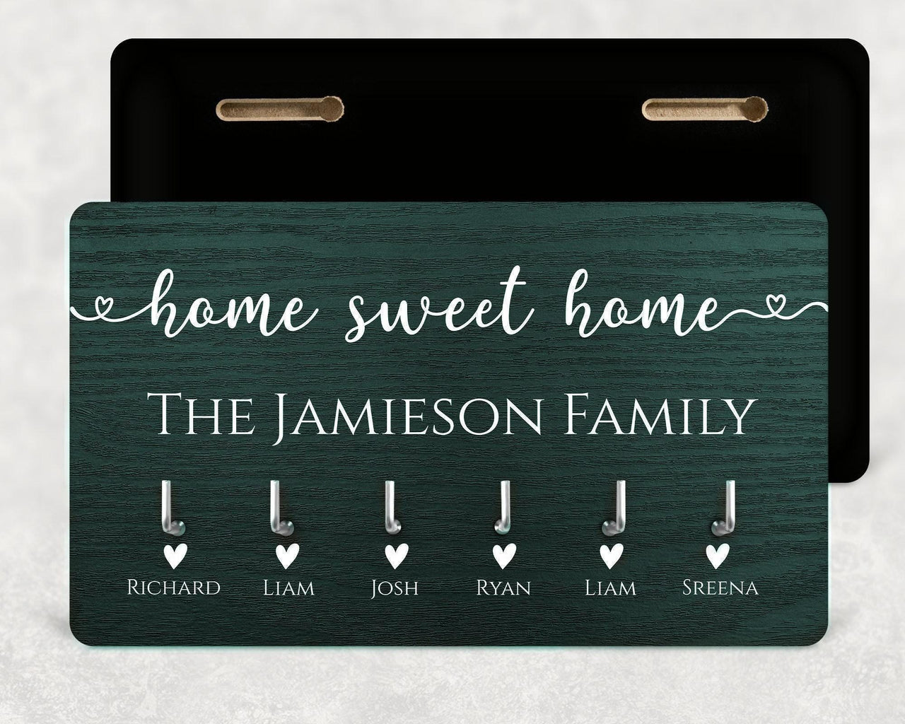 Green wood-effect key holder with "home sweet home", "The Jamieson Family" and six named hooks - personalised key holder