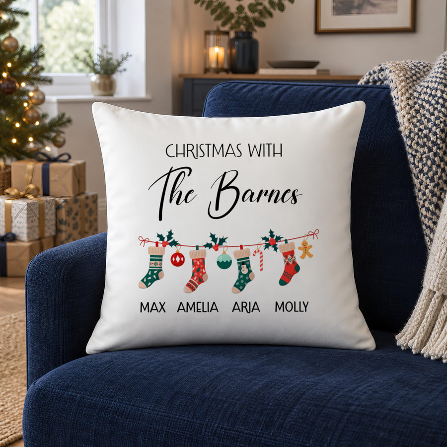 Personalised Garland Stockings Cushion, Family Names Added - photo of the finished product