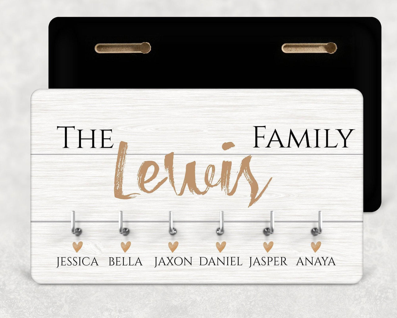 White wood-effect key rack "The Lewis Family" with six hooks and names under hearts, black back - personalised key holder