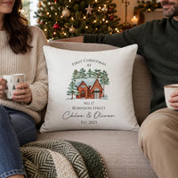 White cushion 'First Christmas At No. 17 Robinson Street', 'Chloe & Oliver Est. 2023' between a couple - personalised cushion