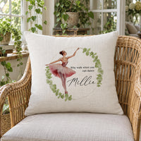 Personalised ballet cushion with the name Millie on a wicker chair by a window