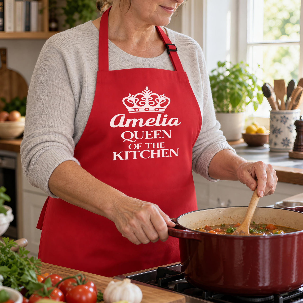 Red apron with white crown and 'Amelia QUEEN OF THE KITCHEN', stirring stew - personalised apron