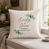 Linen cushion with script 